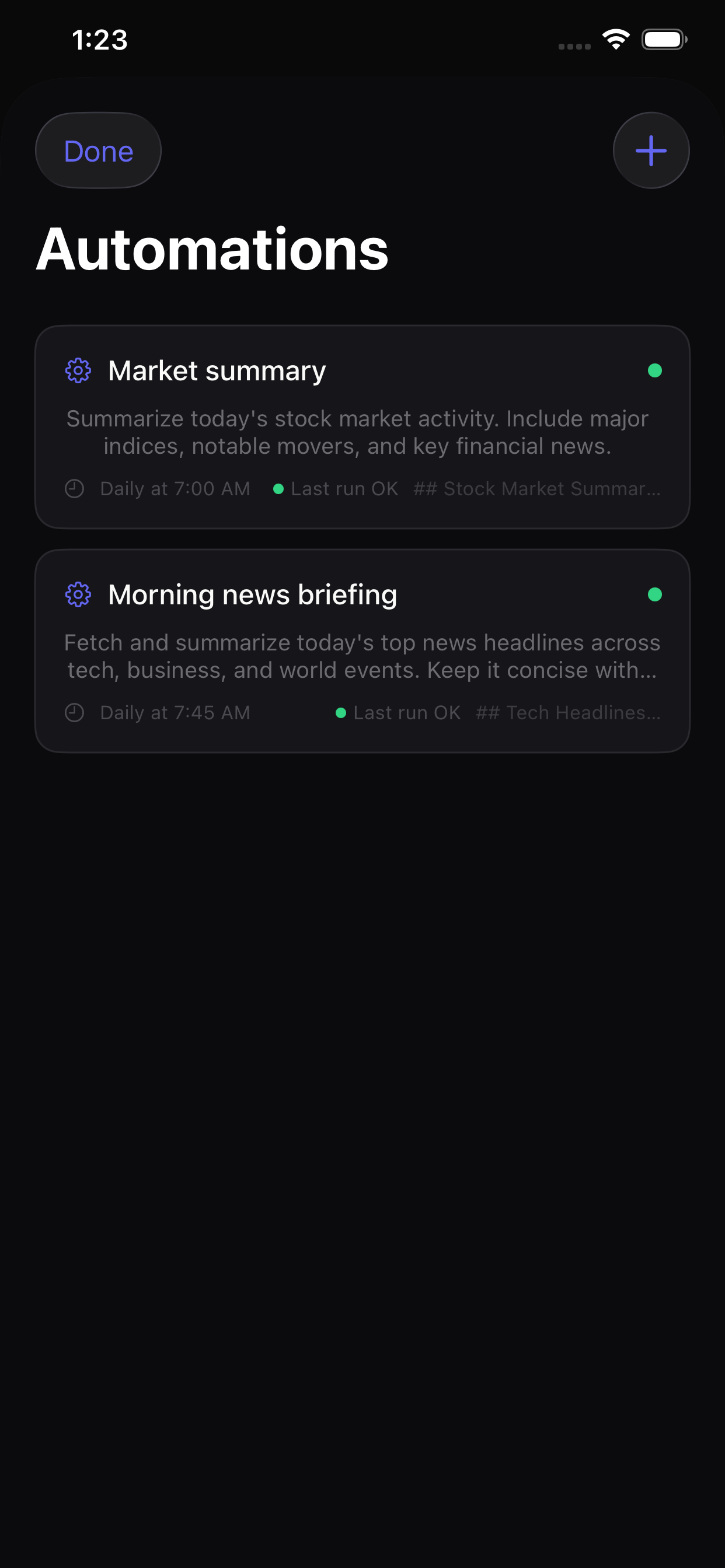Automations management screen