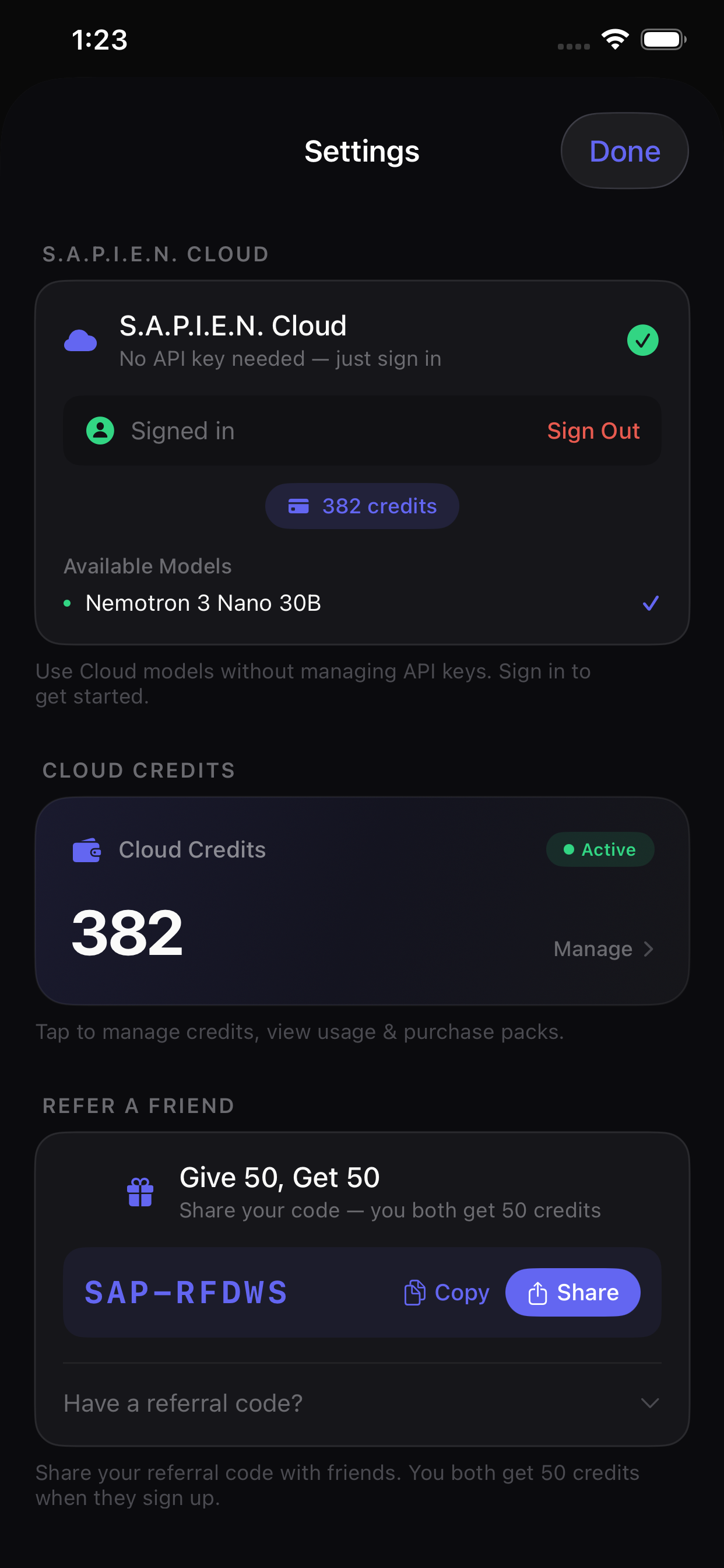 S.A.P.I.E.N. Cloud settings